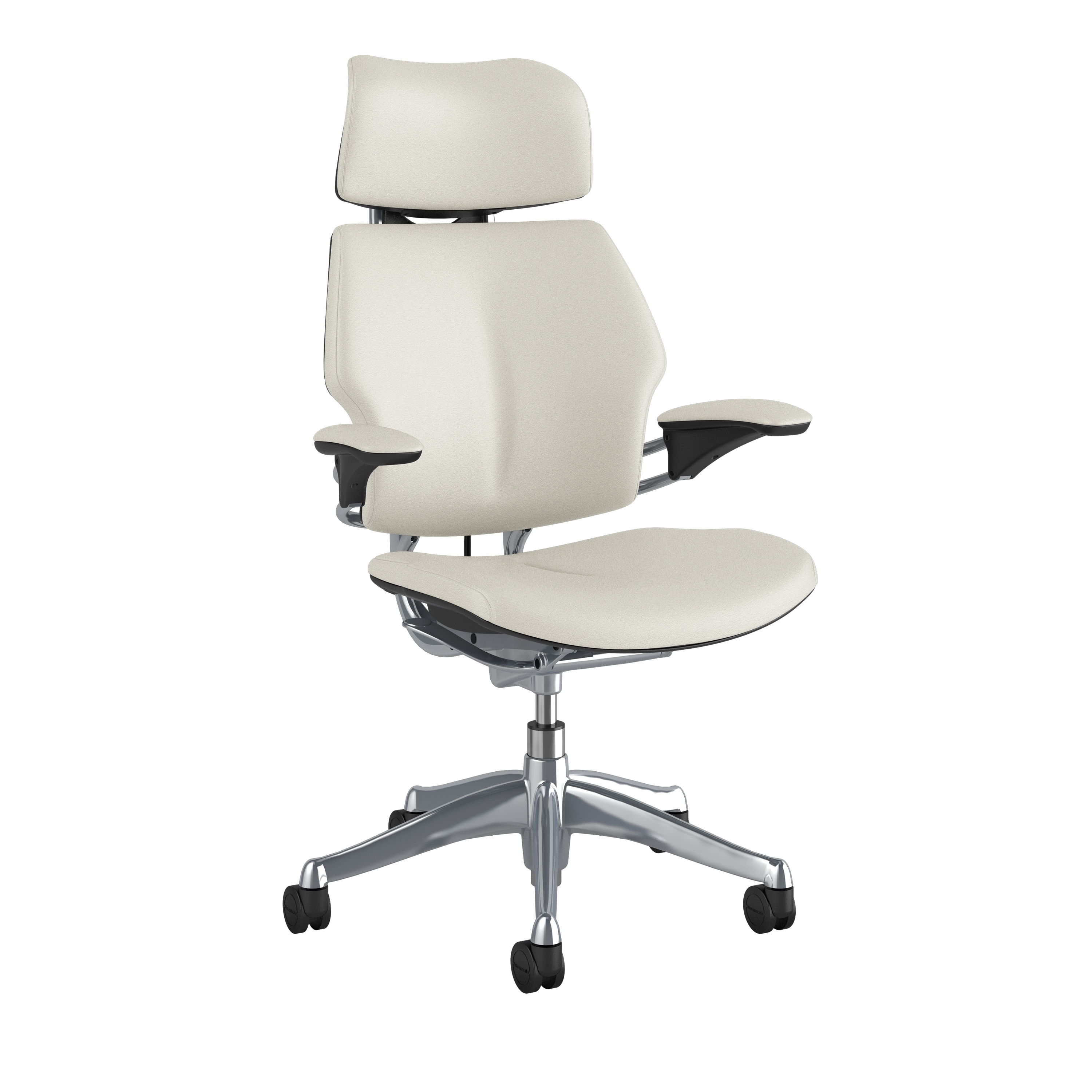 Humanscale Freedom w Headrest, Standard Gel Arms with Textile, Ticino Leather in White, Polished Aluminium Frame